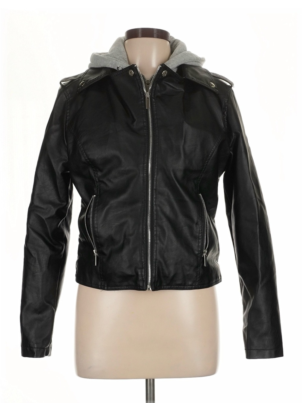 Cali 1850 Black Faux Leather Bomber Jacket with Grey Hood